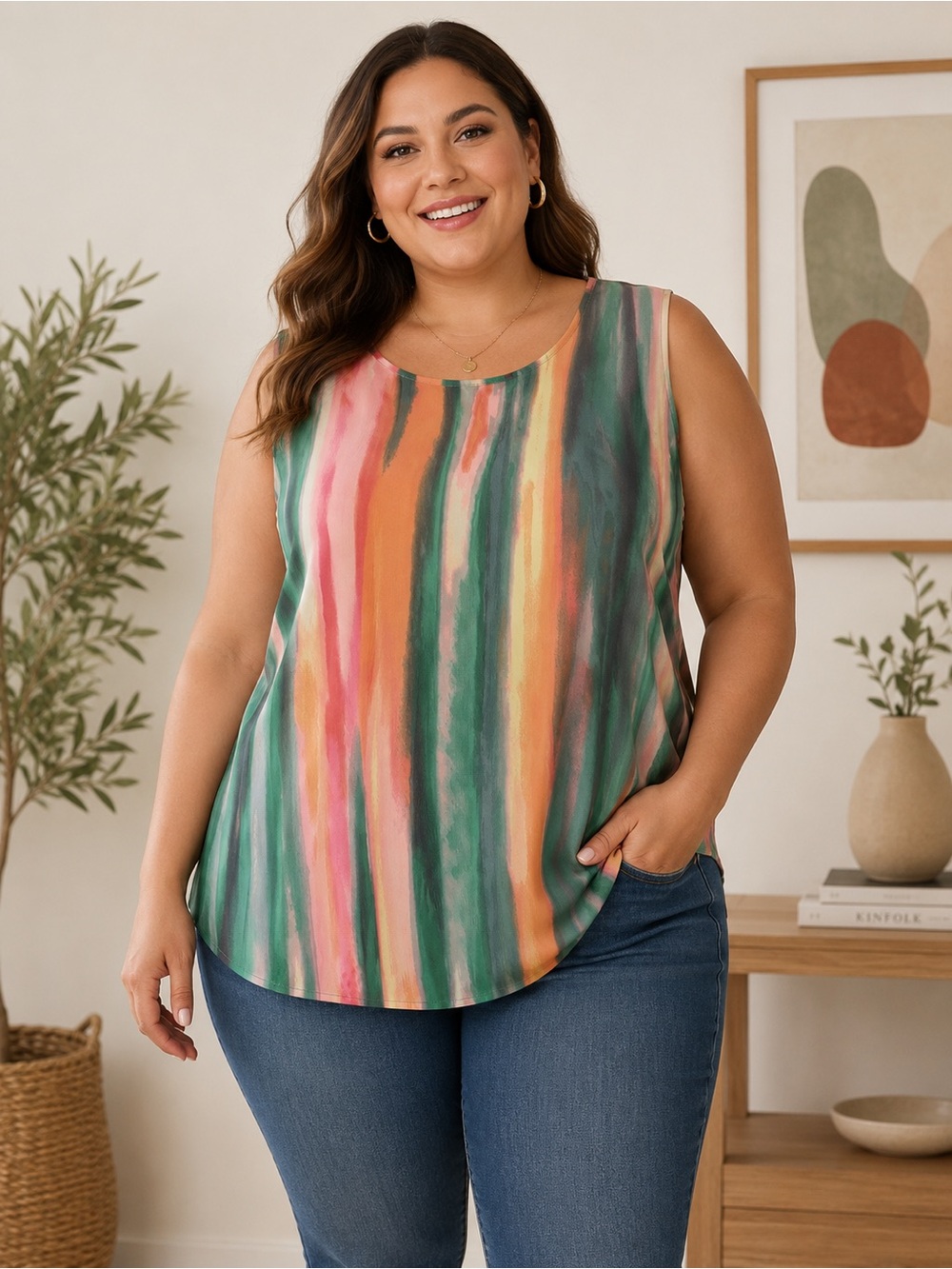 Investments Multicolor Vertical Watercolor Stripe Mesh Tank